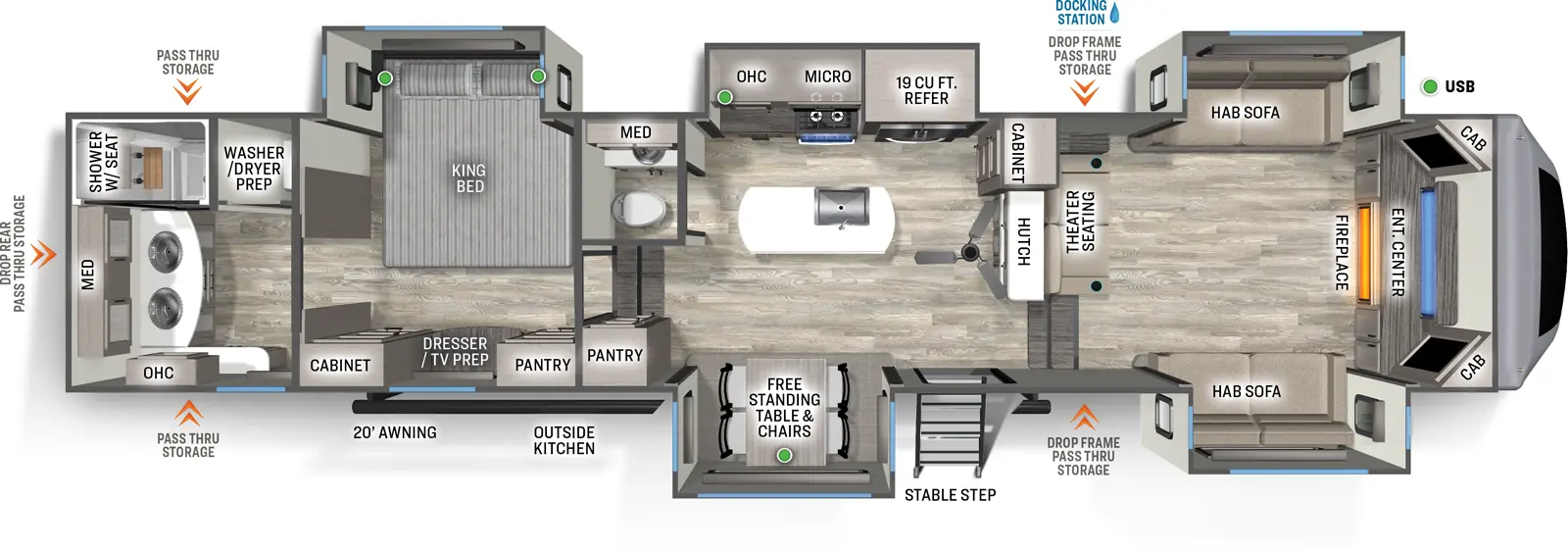 The 391FLRB has five slide outs and one entry. Exterior features a 20 foot awning, pass through storage, stable step entry, outside kitchen, docking station, and drop rear pass-thru storage. Interior layout front to back: front entertainment center with fireplace below, cabinets on either side, and front window, opposing hide-a-bed sofa slideouts, and theater seating opposite the entertainment center; steps down to entry and kitchen with hutch and cabinet along interior wall, off-door side slideout with refrigerator, microwave, cooktop, and overhead cabinet, door side slideout with free-standing table and chairs, paddle fan, kitchen island with sink, off-door side aisle half bathroom, and door side pantry; steps up to rear bedroom with off-door side king bed slideout, door side dresser with wardrobes on either side and TV prep, and rear bathroom with closet with washer/dryer prep, shower with seat, and dual sinks with medicine cabinets and overhead cabinet.